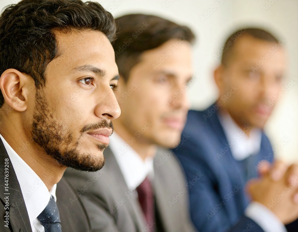 Three men in suits sit attentively in a business meeting, focusing on the discussion ahead. Three men in suits sit attentively in a business meeting, focusing on the discussion ahead.