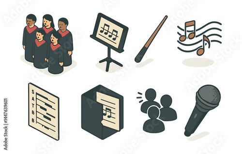Choir ensemble icons set – singers, music sheet, conductor, notes, microphone, quartet, choir, performance