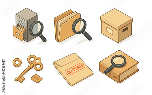 Archival search tools icons set – magnifying glass, folder, box, key, classified document, file cabinet