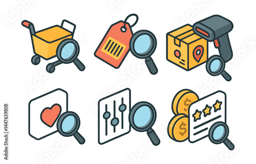 Online shopping icons set – cart, tag, barcode, package, heart, rating, coins, magnifying glass