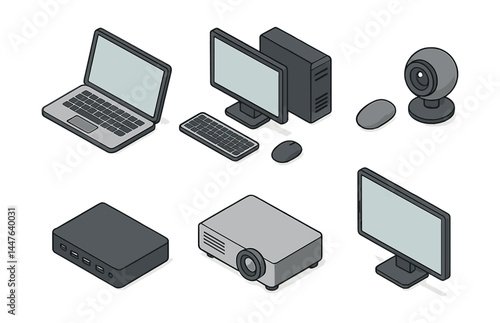 Office device icons set – laptop, desktop, webcam, projector, monitor, keyboard, mouse