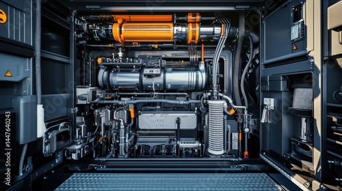A highly detailed shot of an industrial diesel generator with an open maintenance hatch, showing cooling pipes, fuel filters, and