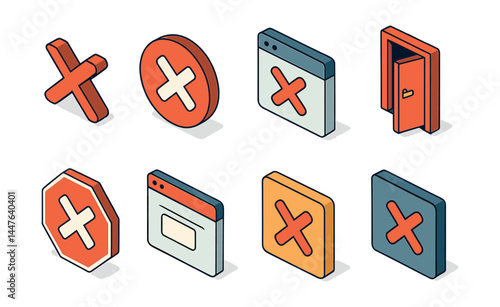 Close actions icons set – cross, door, stop, cancel, reject, exit, forbidden, prohibition