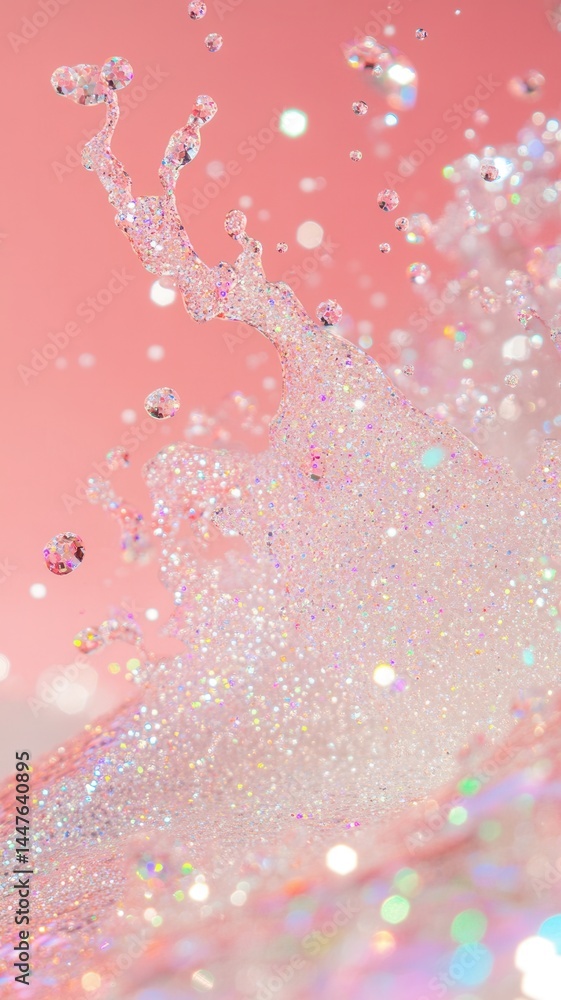 Glittering water splashing on a pink background, creating a magical and effect. background Abstract glamorous Glittering water splashing on a pink background, creating a magical and effect. background Abstract glamorous