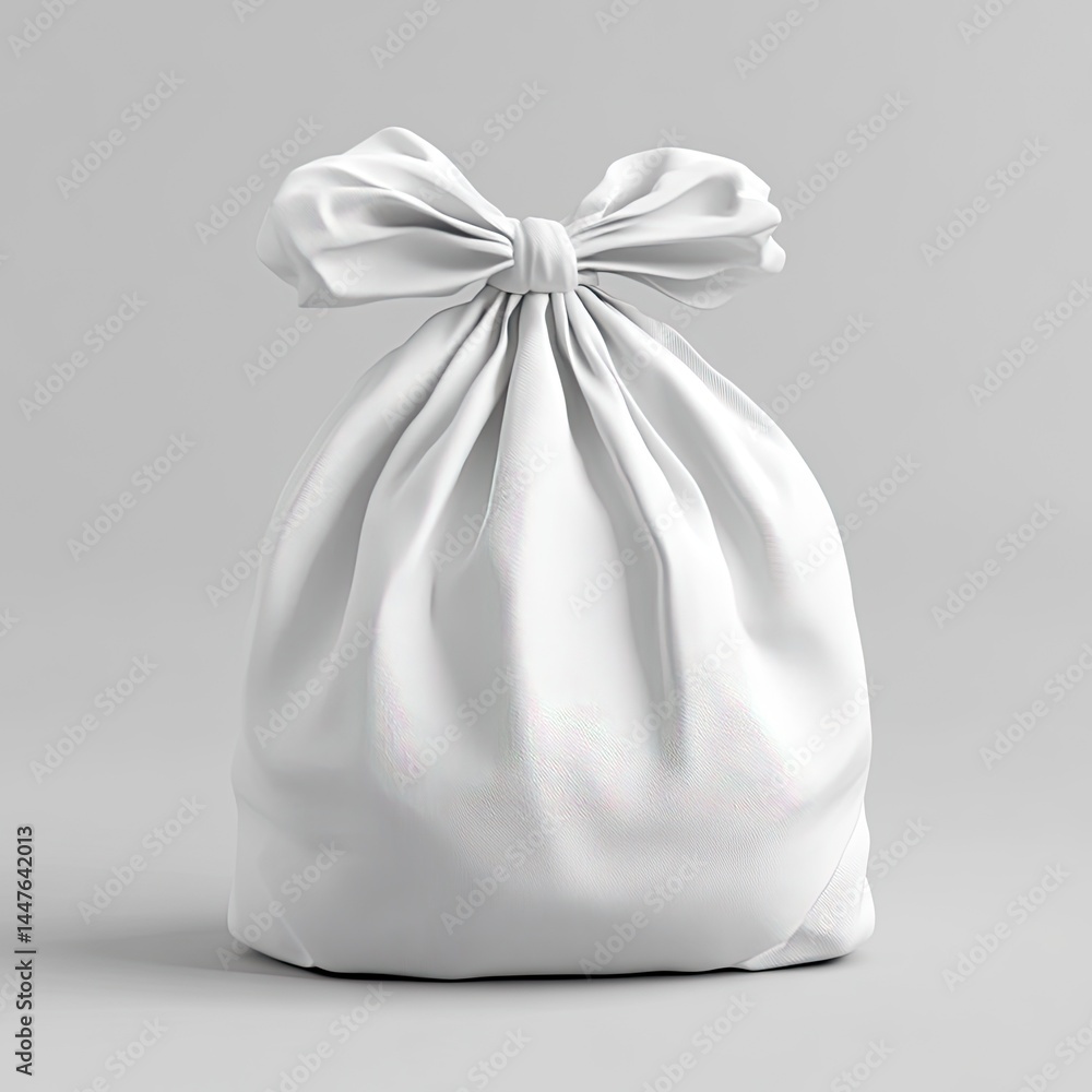 Blank white fabric drawstring bag with a tied bow A simple, versatile gift or product packaging Blank white fabric drawstring bag with a tied bow A simple, versatile gift or product packaging