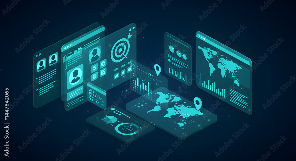 Fototapeta premium Isometric Data Network on Multiple Screens in Blue Tones for Global Analysis and Futuristic Technology