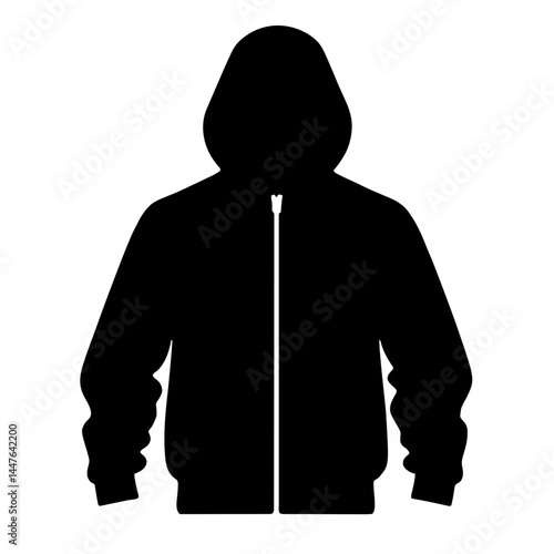 Minimalist black silhouette of a sporty windbreaker jacket with hood