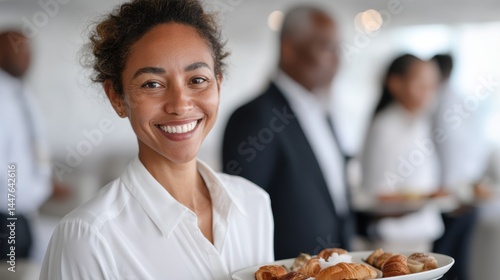 Smiling african female server holding pastries at a corporate event