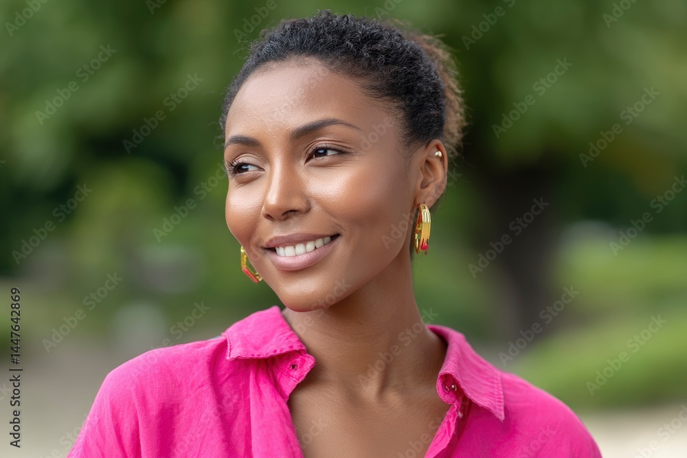 Woman with Gold Hoop Earring Smiling Outdoor Woman with Gold Hoop Earring Smiling Outdoor