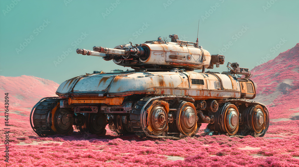 Fototapeta premium Futuristic combat vehicle explores unknown terrain on a desolate alien planet surface expedition