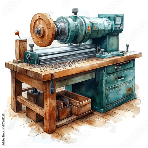 illustration of Lathe Machine With Metal Shavings, watercolor vector, isolated on a white background.