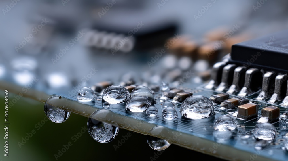 Close-up of a circuit board with water droplets.  The droplets are reflective, showing details of the board beneath