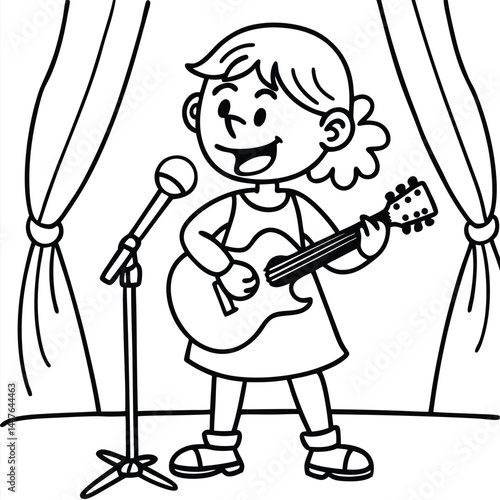 Outline of a little girl singing while playing guitar on stage cartoon character