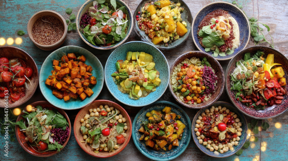 Colorful array of healthy bowls, featuring various vegetables, grains, and legumes. A vibrant display of balanced meals Colorful array of healthy bowls, featuring various vegetables, grains, and legumes. A vibrant display of balanced meals