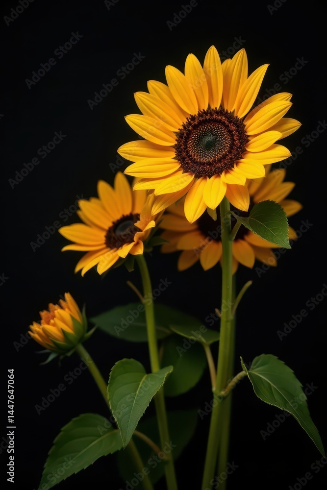 Fototapeta premium Vibrant sunflowers against a stark black backdrop , backdrop, macro, beauty