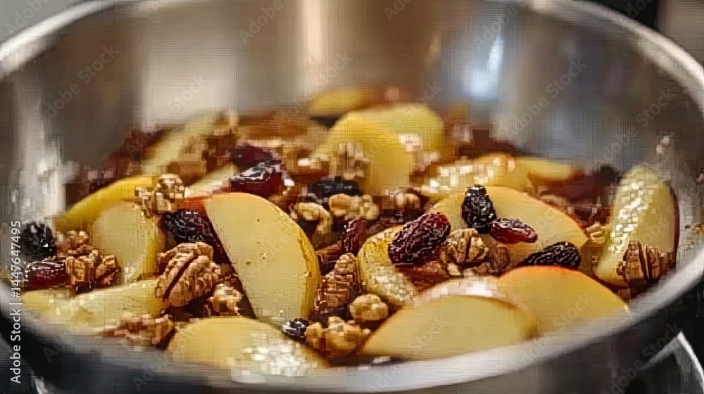 Fototapeta premium Apple strudel filling of apples, walnuts, raisins mixed in pan with butter