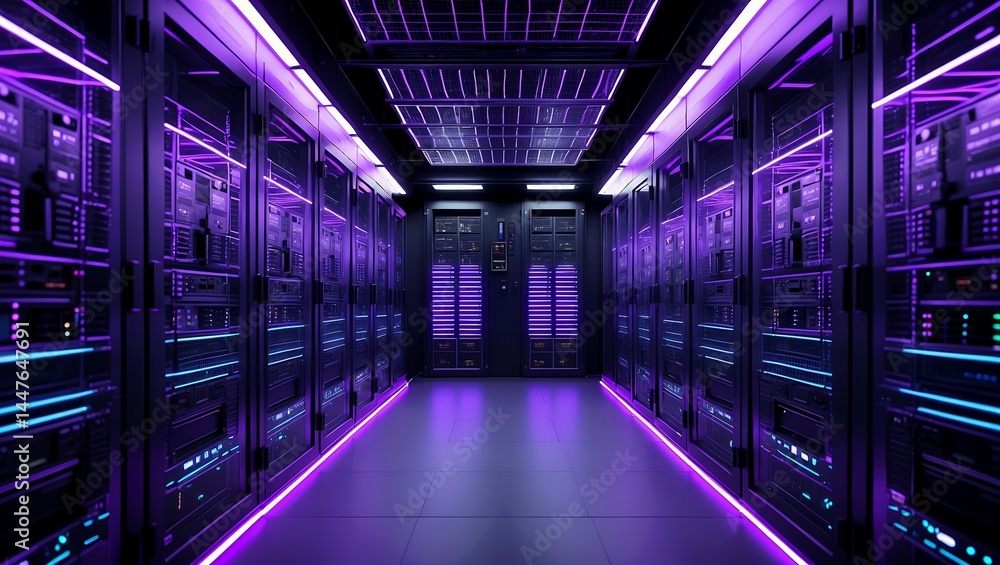 Futuristic server room with neon lights and technology Futuristic server room with neon lights and technology