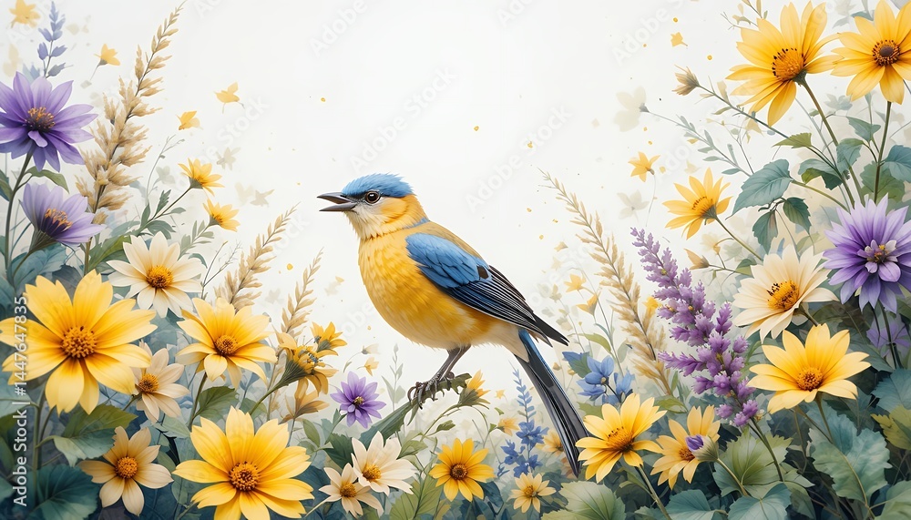 Bird Perched in a Field of Flowers Bird Perched in a Field of Flowers