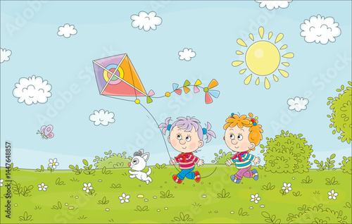 Happy little girls and their kitten running, jumping and playing with a flying colorful toy kite in a pretty green park on a sunny day on summer vacations, vector cartoon illustration