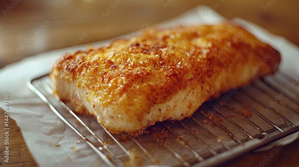 Pan-fried Schnitzel resting on wire rack with paper towel underneath Pan-fried Schnitzel resting on wire rack with paper towel underneath