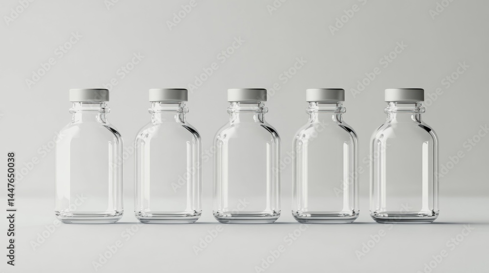 Four clear glass bottles with white caps Four clear glass bottles with white caps
