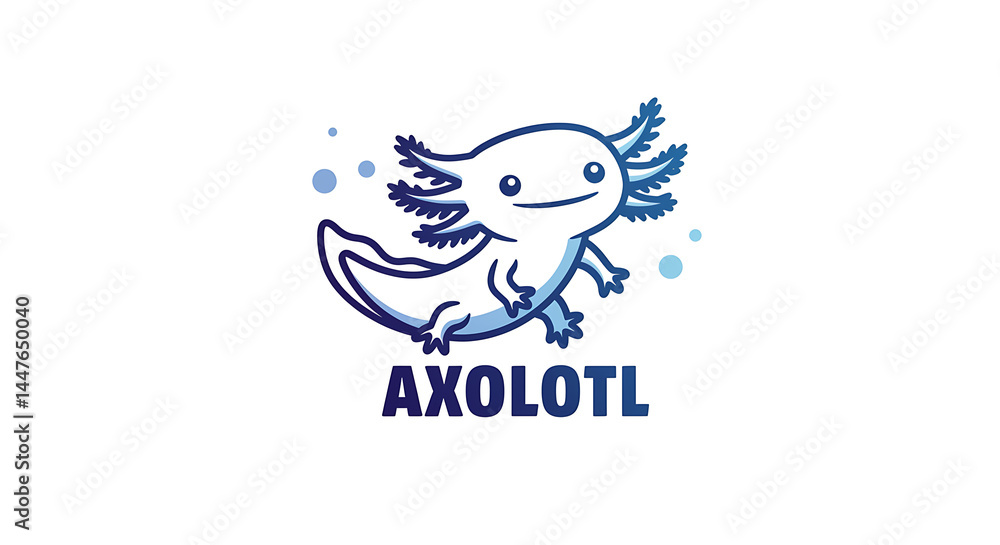 Fototapeta premium Friendly cartoon axolotl logo drawn with simple blue lines. The word AXOLOTL sits below the smiling amphibian, surrounded by tiny bubbles.