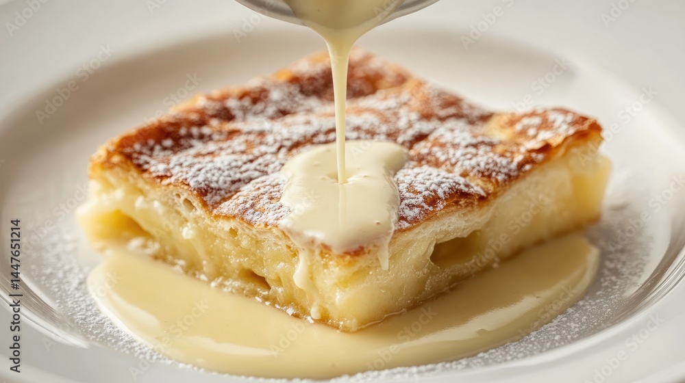 Warm apple strudel slice with vanilla sauce poured over top Warm apple strudel slice with vanilla sauce poured over top