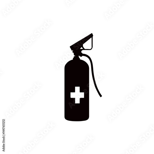 Black silhouette of a fire extinguisher with medical cross symbol representing fire safety and emergency preparedness for first aid situations and fire prevention