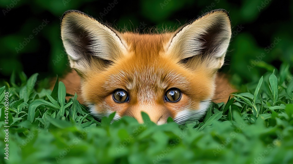 Obraz premium Adorable Red Fox Kit Peek-a-Boo in Lush Green Grass