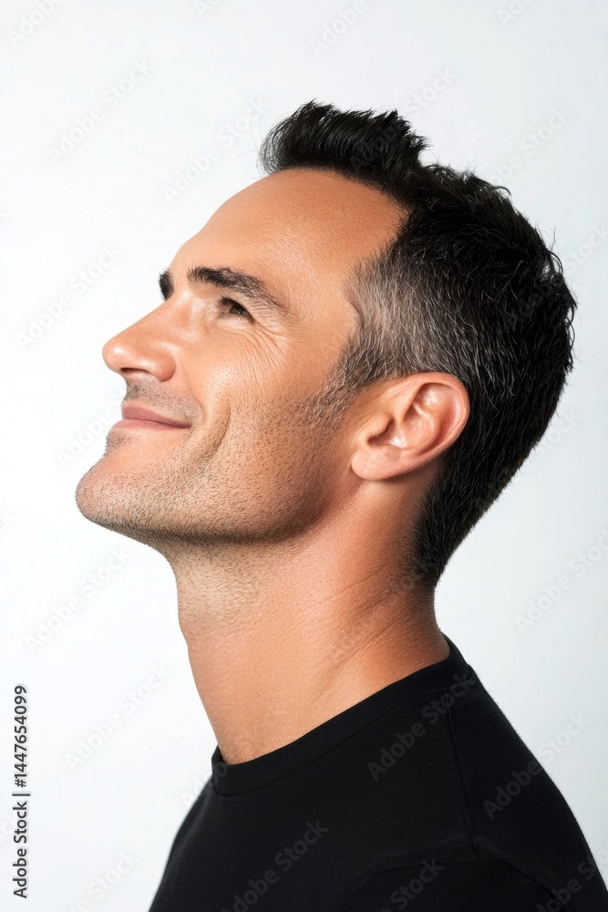 Fototapeta premium A glowing and peaceful man expressing warmth. Pure white solid background. Concept art of style for aging men. Modish men's mid fade haircut - midlife white man with black hair.