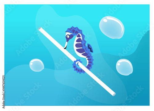 Sea pollution: a seahorse is hanging on a plastic straw, which it think is a coral.