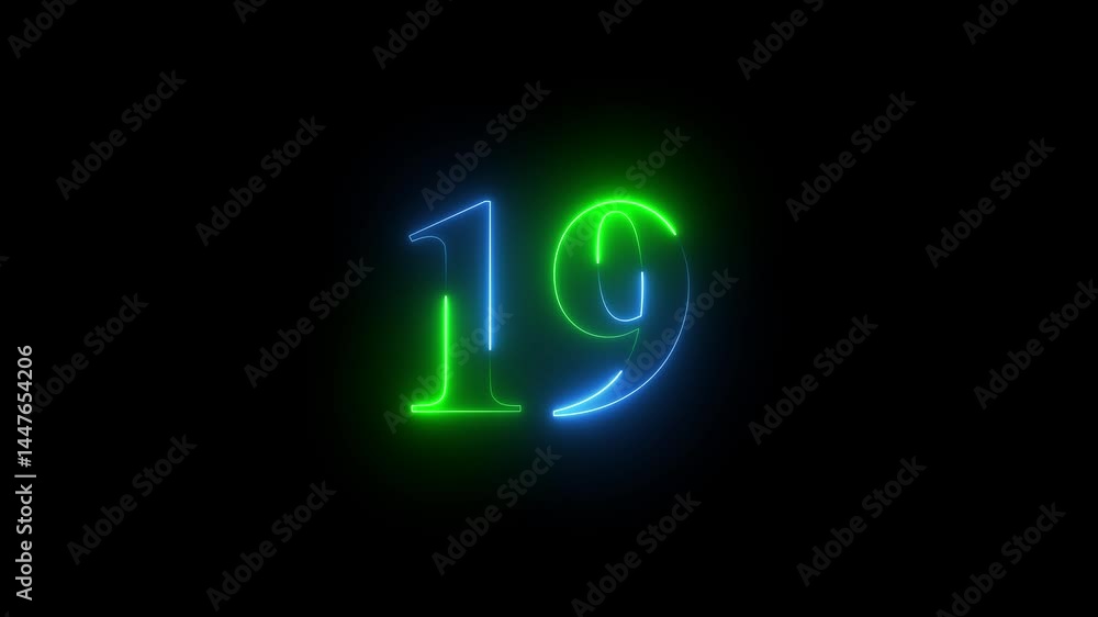 A bstract motion, and glowing neon number 19 animation on a black background. Followers Celebration text animation. A bstract motion, and glowing neon number 19 animation on a black background. Followers Celebration text animation.