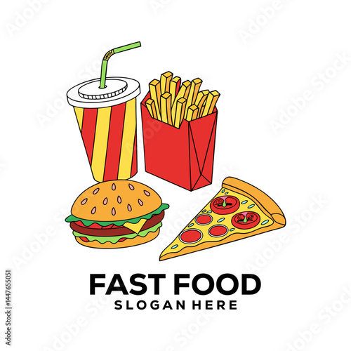 Classic Fast Food Combo Illustration with Burger, Fries, Pizza, and Drink