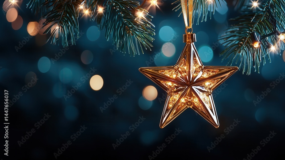 Golden sparkling star ornament hanging on dark blue festive background with glitter bokeh and copy space Golden sparkling star ornament hanging on dark blue festive background with glitter bokeh and copy space