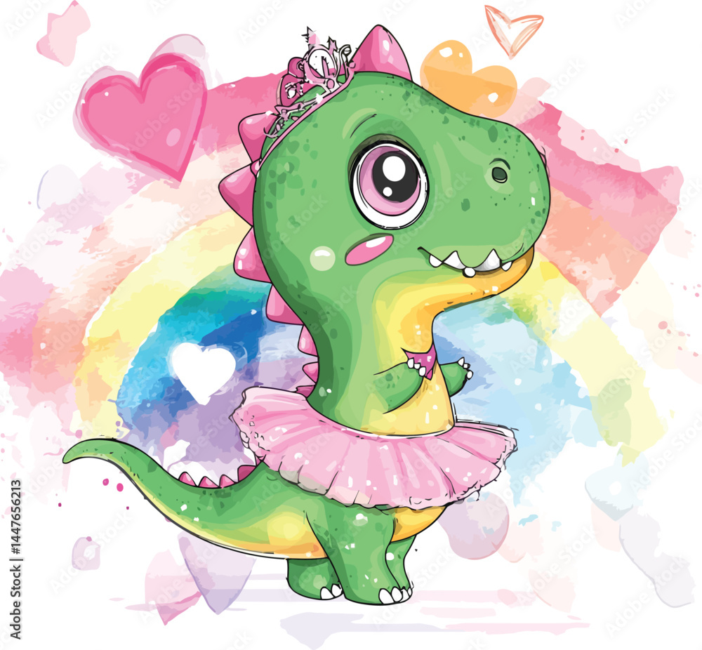 Fototapeta premium Cute Baby Girl Dinosaur Clipart – Adorable Pink Dino Illustration for Nursery, Sublimation, and Kids T-Shirts