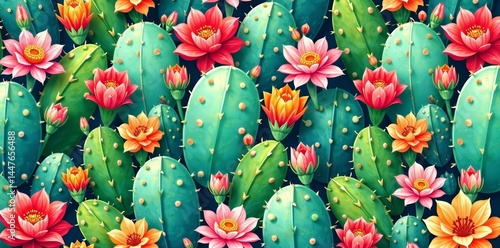 Close up seamless pattern featuring vibrant cactus plants and blooming flowers, cactus, succulent, flowers
