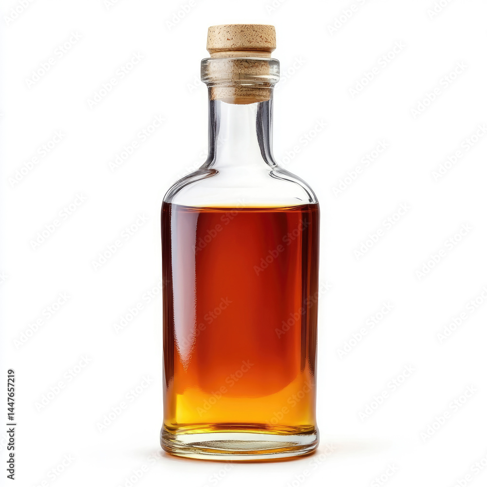 Clear glass bottle with amber liquid and cork stopper. A simple, elegant, and classic bottle, likely for spirits or liqueur Clear glass bottle with amber liquid and cork stopper. A simple, elegant, and classic bottle, likely for spirits or liqueur