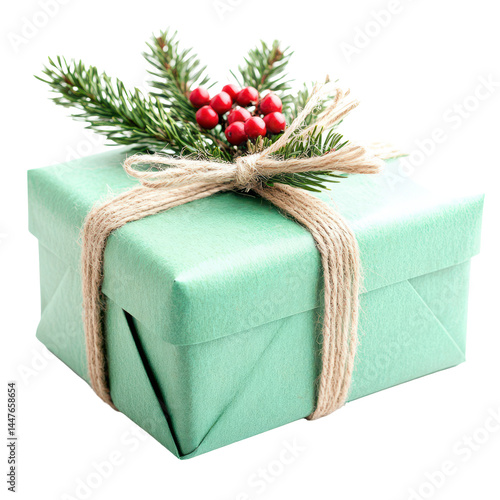 Festive Gift Wrapped in Green: A beautifully wrapped gift, adorned with a sprig of evergreen and a cluster of red berries, evokes a sense of anticipation and holiday cheer.