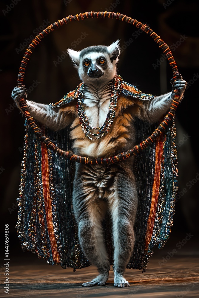 Fototapeta premium Lemur in beaded cape twirling spotlight hoop