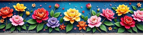 Colorful mural depicting blooming flowers on brick wall, mural, flowers