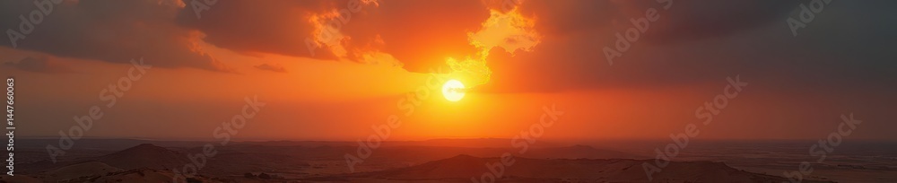 Fototapeta premium Dusty orange sunset, grey clouds heavy with earth , landscape, illustration