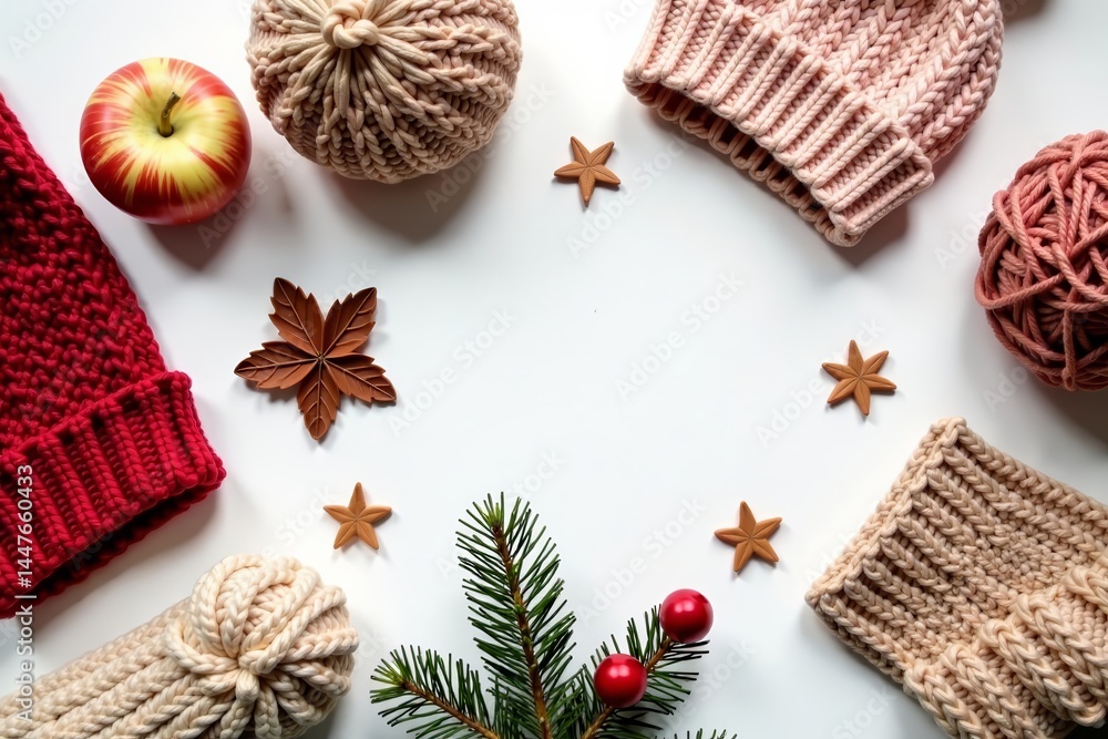 Fototapeta premium Cozy knitted winter accessories on white background seamless pattern, winter, design, knit