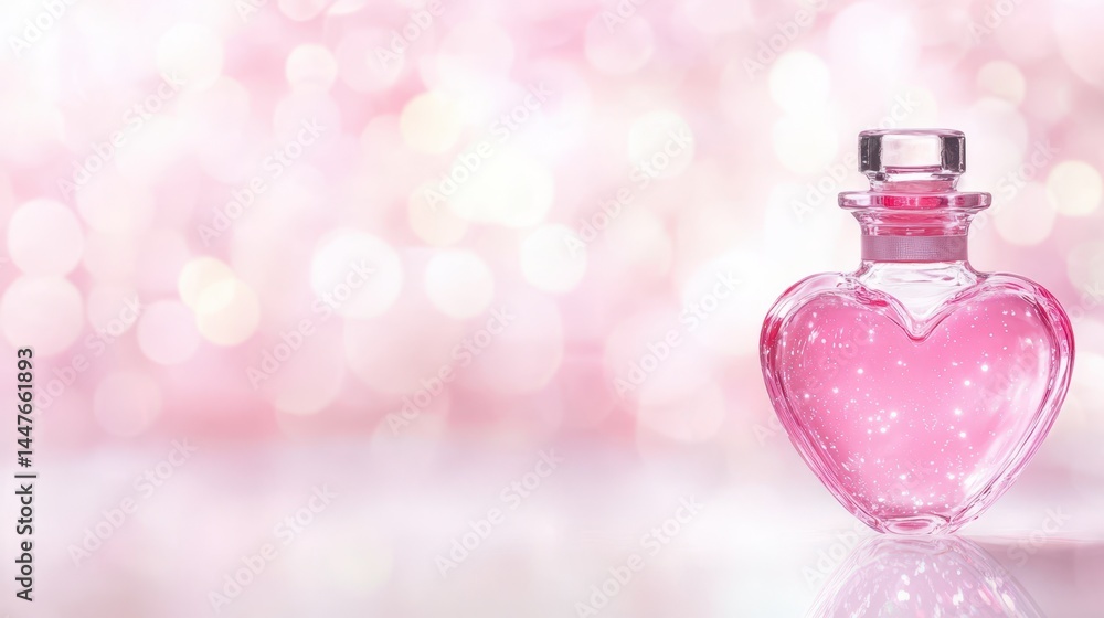 Heart-Shaped Bottle: A mesmerizing heart-shaped bottle of shimmering, rose-colored elixir rests on a reflective surface, bathed in a soft, dreamy bokeh. The epitome of romanticism and elegance.