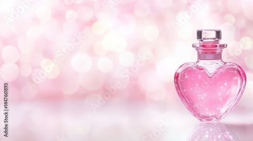 Obraz na płótnie Heart-Shaped Bottle: A mesmerizing heart-shaped bottle of shimmering, rose-colored elixir rests on a reflective surface, bathed in a soft, dreamy bokeh. The epitome of romanticism and elegance. w salonie