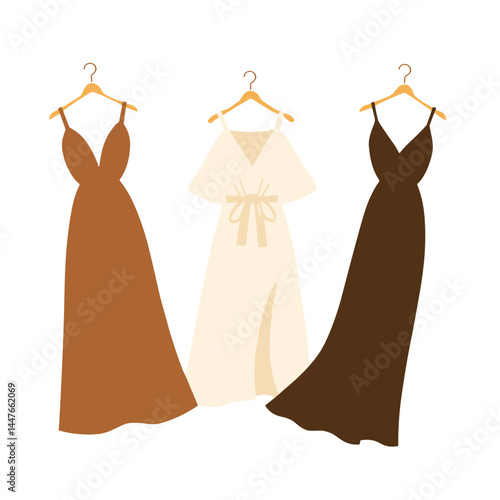 Modern flat design illustration of Spring dresses in natural earth tones with muted colors