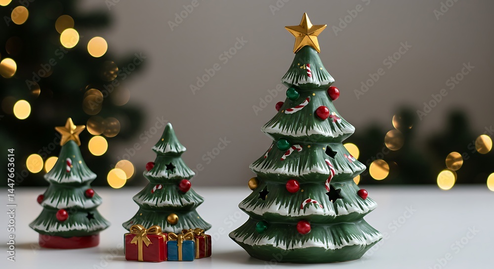 Festive ceramic Christmas trees adorned with stars and ornaments creating a joyful display Festive ceramic Christmas trees adorned with stars and ornaments creating a joyful display
