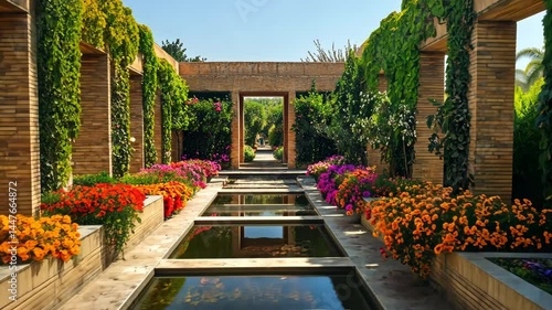 Artistic concept of the Hanging Gardens of Babylon, second wonder of the ancient world, featuring colorful flowers, ivy-covered walls and serene water reflections. 4K video