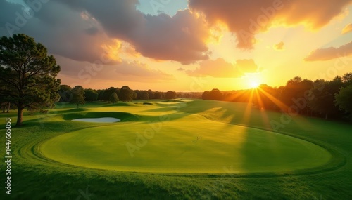 Golden hour light bathes a lush green golf course, fairways stretching to distant sunset , dramatic, recreation, fairway