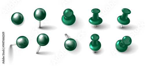 Realistic 3D Push Pins and Round Thumbtacks. Green Plastic Pins with Shadows Isolated on Transparent Background