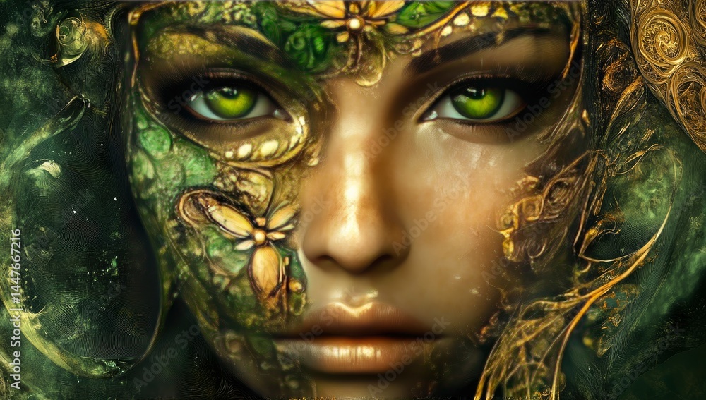 Mystical Woman: Green and Gold Ornate Mask, Fantasy Portrait Mystical Woman: Green and Gold Ornate Mask, Fantasy Portrait